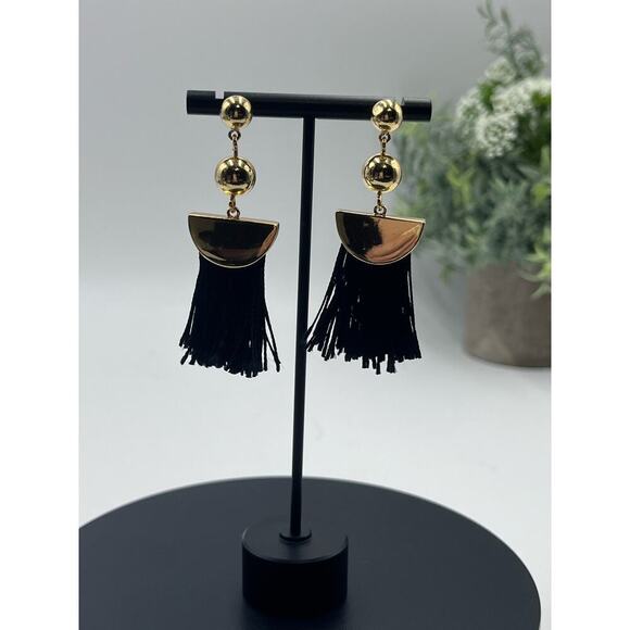 J. Crew Gold Tone Black Fringe Dangle Earrings - Picture 2 of 16